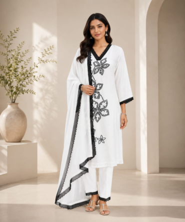 White and Black Embroidered Chanderi Kurta Set with Dupatta