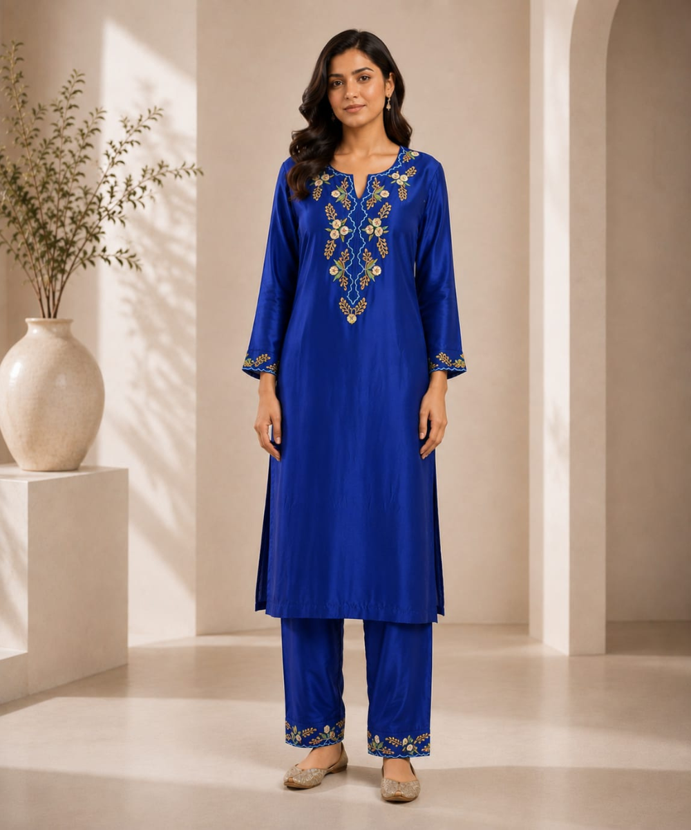 Royal Blue Embroidered Chanderi Kurta Set with Satin Salwar