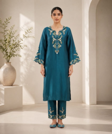 Teal Blue Embroidered Chanderi Kurta Set with Satin Salwar