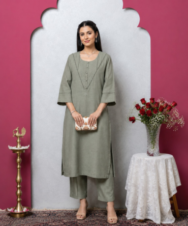 Sage Green Cotton Linen Kurta Set with Pintucks & Fabric Buttons