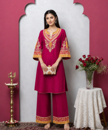 Magenta Chanderi Kurta Palazzo Set with Zari & Gota Work