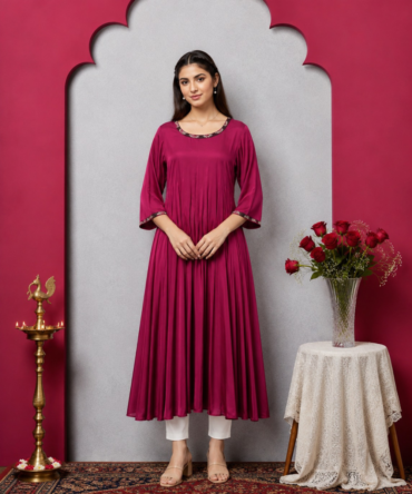 Maroon Anarkali Kurta with Gathered Pleats & Printed Trim