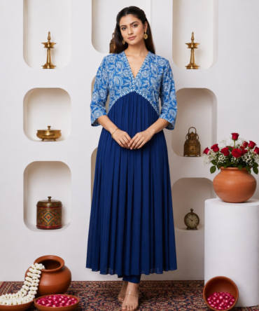 Blue Cotton Anarkali Kurta with Printed Yoke & Pleated Flare