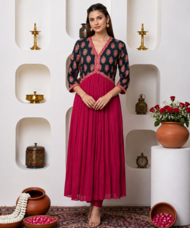Maroon & Black Cotton Anarkali with Printed Yoke & Pleated Flare