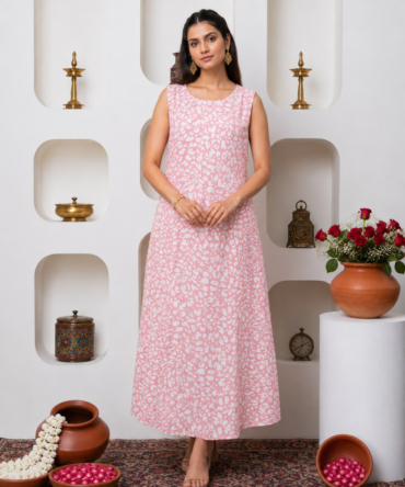 Pink Cotton Printed Flared Dress with Abstract Animal Print