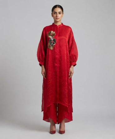 Red Tissue Fabric Embroidered Kurta Pant Set